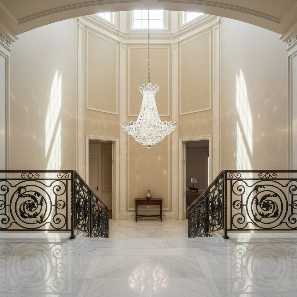 Riviko Opulent Bloom Crystal Chandelier 28" - dramatic American stairwell with soaring ceiling