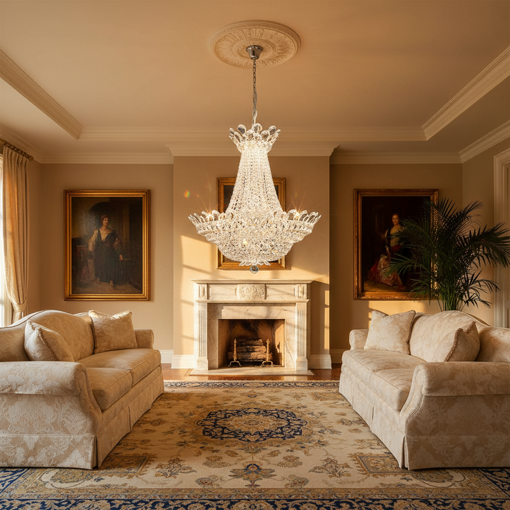 Riviko Opulent Bloom Crystal Chandelier 28" - American formal living room with 12-foot ceilings