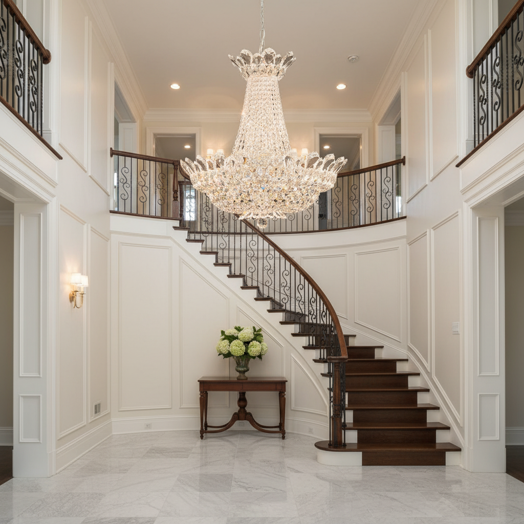 Riviko Radiant Prism Round Chandelier - elegant American entryway with arched doorway