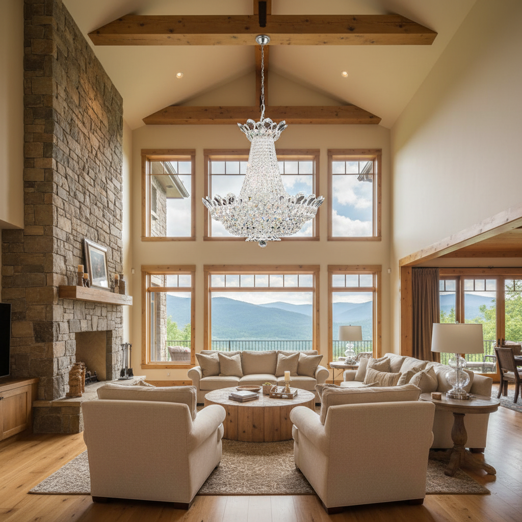 Riviko Radiant Prism Round Chandelier - American transitional great room with cathedral ceiling