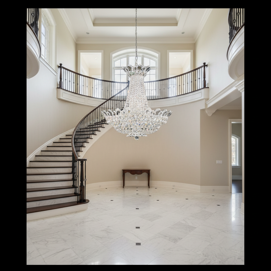 Riviko Radiant Prism Round Chandelier - dramatic American stairwell with soaring ceiling