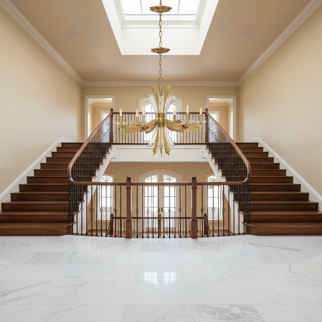 Riviko Modern Aura Single-Tier Chandelier - dramatic American stairwell with three-story void