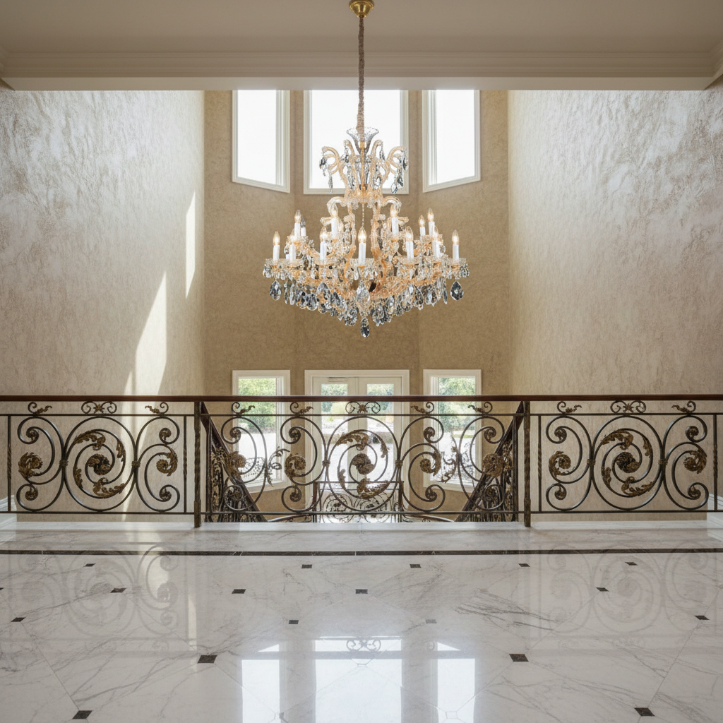 Riviko Grand Lumina 25-Light Chandelier - dramatic American stairwell with soaring ceiling