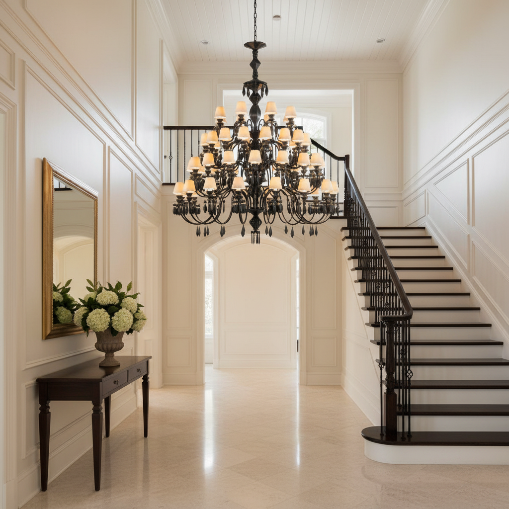 Riviko Midnight Bloom 56-Light Chandelier - elegant American entryway with arched doorway