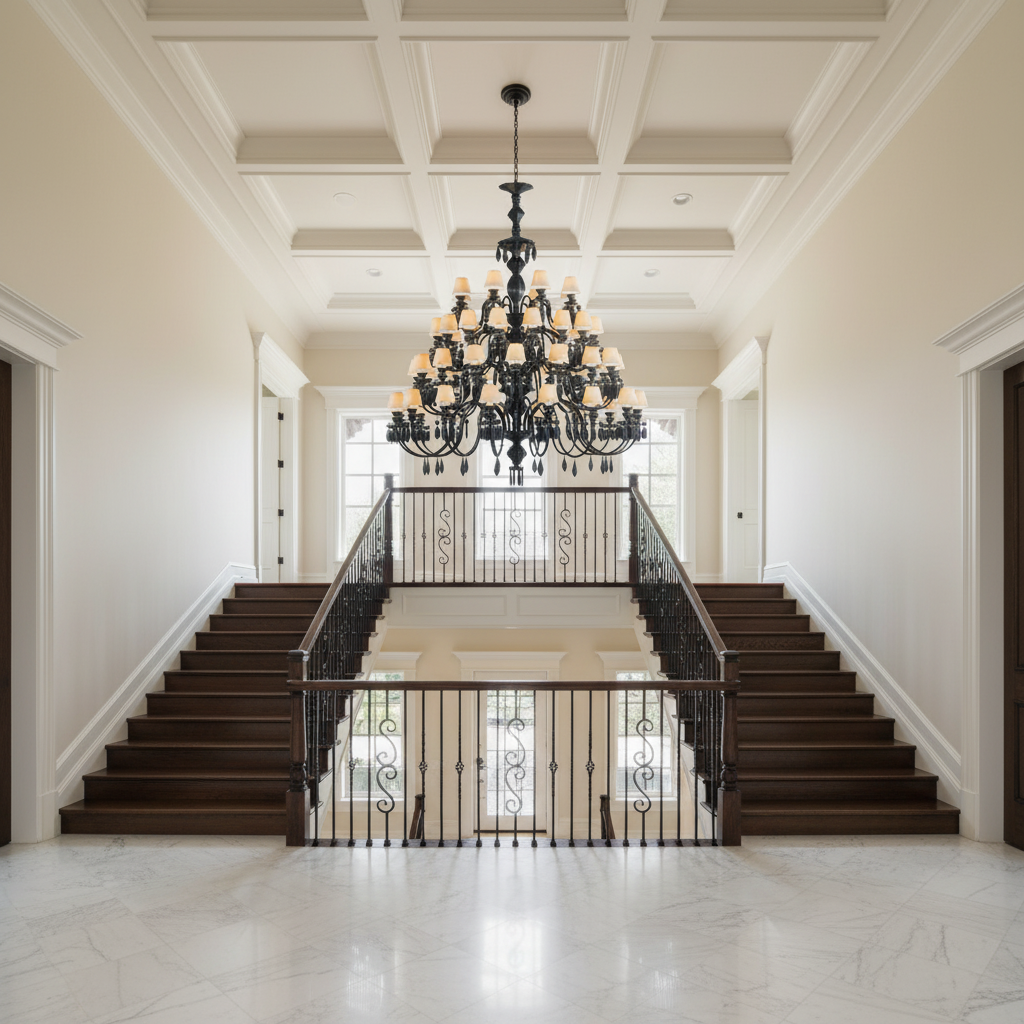 Riviko Midnight Bloom 56-Light Chandelier - dramatic American stairwell with soaring ceiling