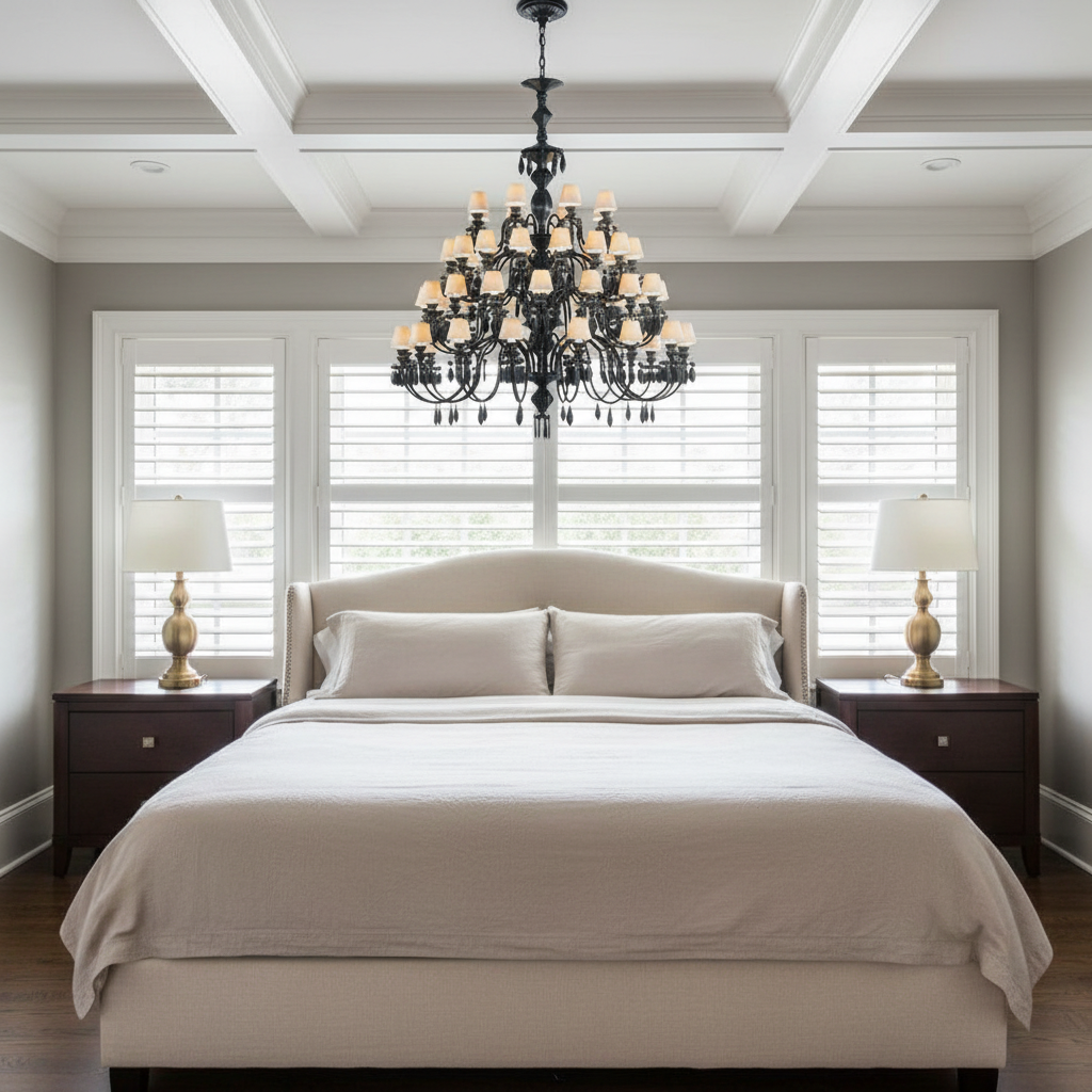 Riviko Belle De Nuit 56 Lights Chandelier - American master bedroom with coffered ceiling