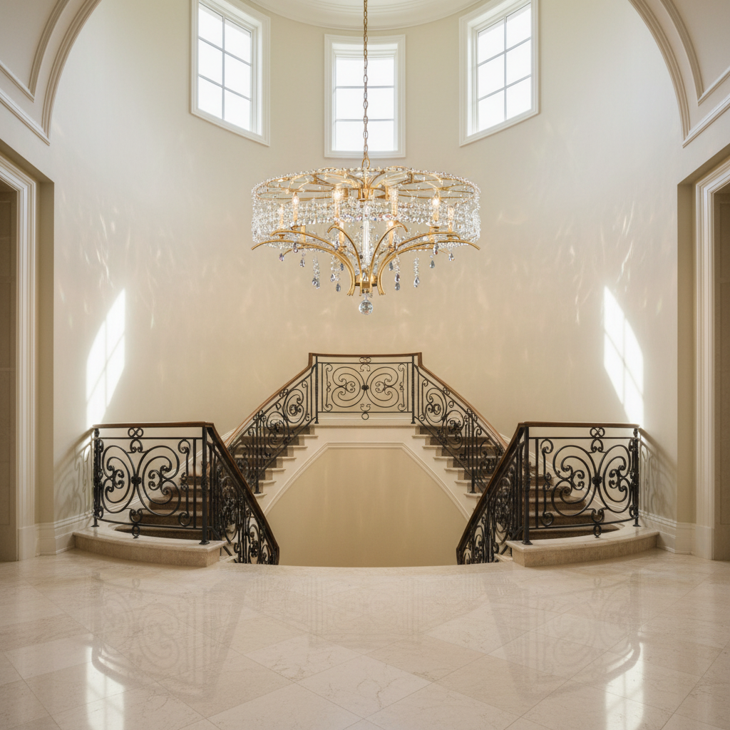 Riviko Radiant Filigree 36" Chandelier - dramatic American stairwell with soaring ceiling