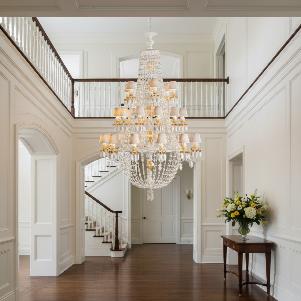 Riviko Grand Lumina 30-Light Porcelain Chandelier - elegant American entryway with arched doorway
