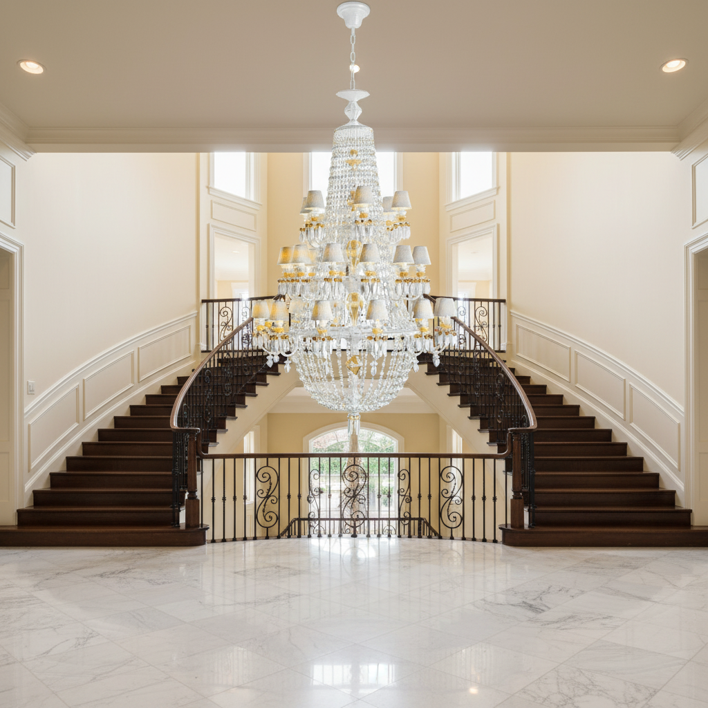 Riviko Grand Lumina 30-Light Porcelain Chandelier - dramatic American stairwell with soaring ceiling
