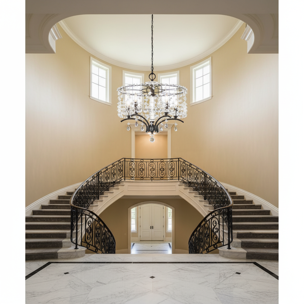 Riviko Radiant Bloom 5-Light Chandelier 19" - dramatic American stairwell with soaring ceiling