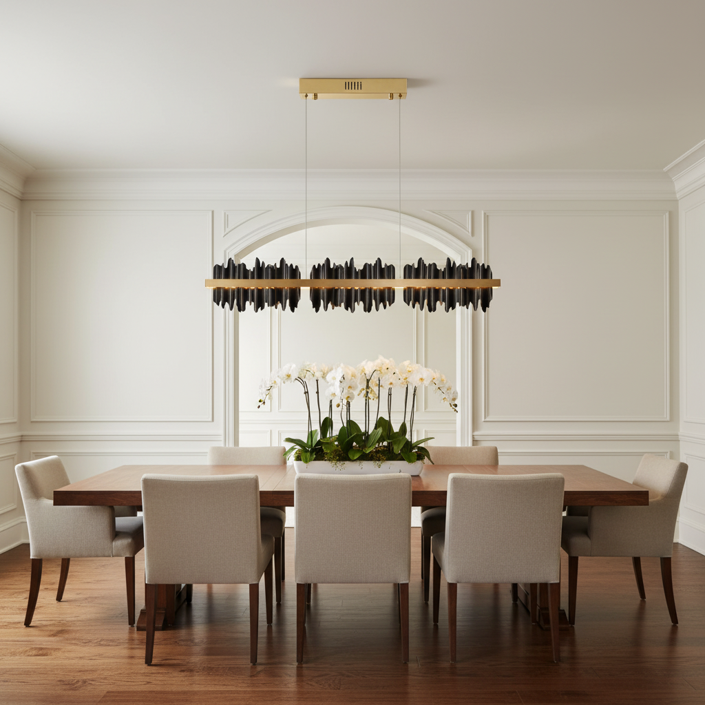 Riviko Aura Linear LED Chandelier - elegant American entryway with arched doorway
