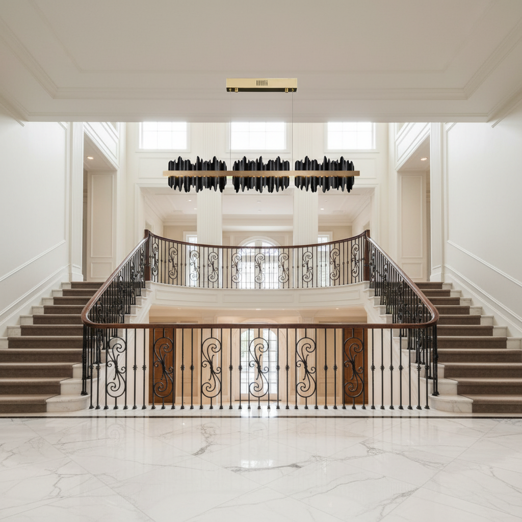 Riviko Aura Linear LED Chandelier - dramatic American stairwell with soaring ceiling