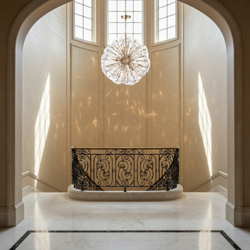Riviko Stellar Radiance Glass Chandelier - dramatic American stairwell with soaring ceiling