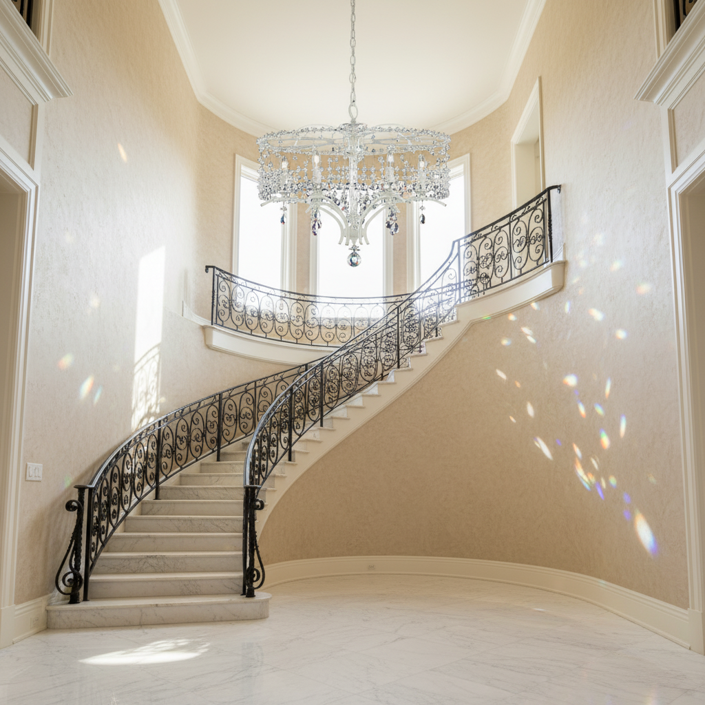 Riviko Radiant Bloom 6-Light Chandelier - dramatic American stairwell with soaring ceiling