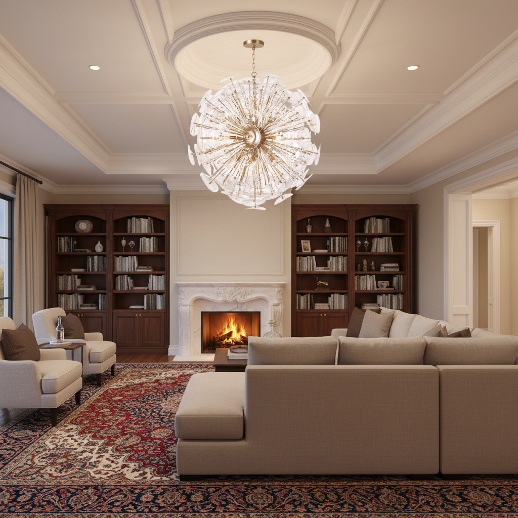 Riviko Celestial Bloom Brass Chandelier - luxurious American living room with tray ceiling