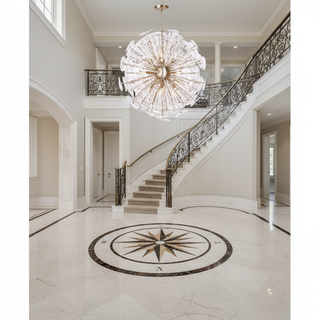 Riviko Celestial Bloom Brass Chandelier - grand American foyer with two-story ceiling
