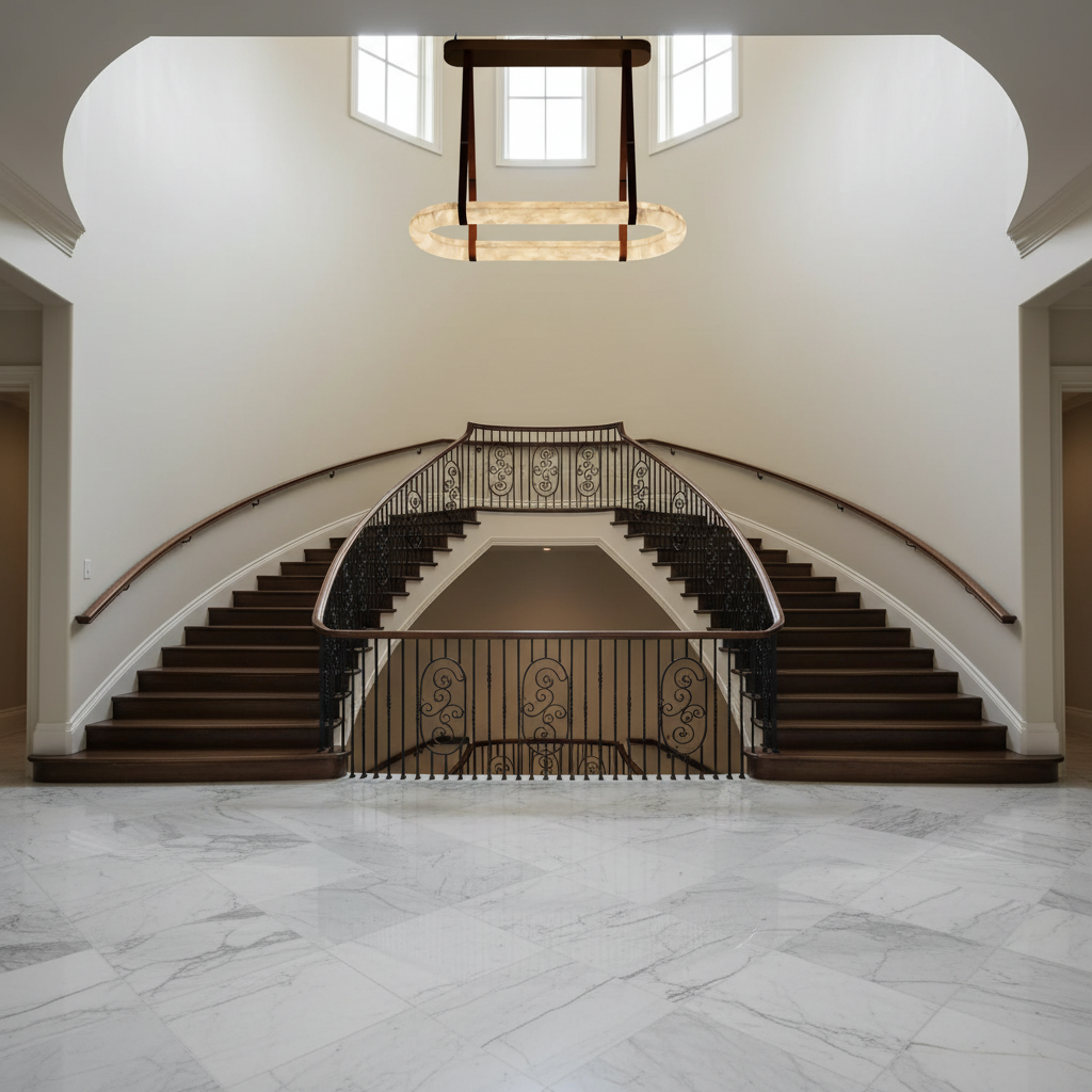 Riviko Alabaster Grandeur Round Chandelier - dramatic American stairwell with soaring ceiling