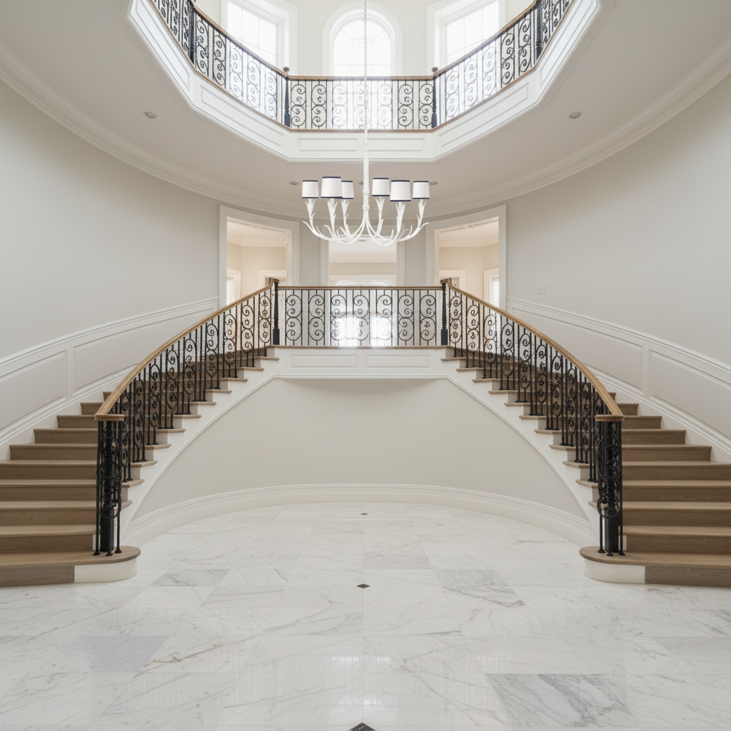 Riviko Veridian Bloom 6-Light Chandelier - dramatic American stairwell with soaring ceiling