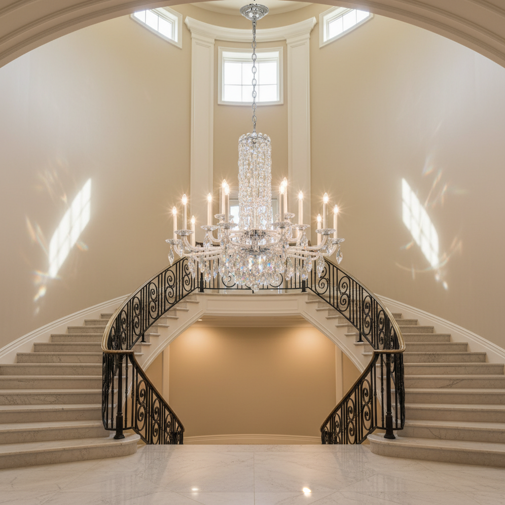 Riviko Radiant Spire Column Crystal Chandelier - dramatic American stairwell with soaring ceiling