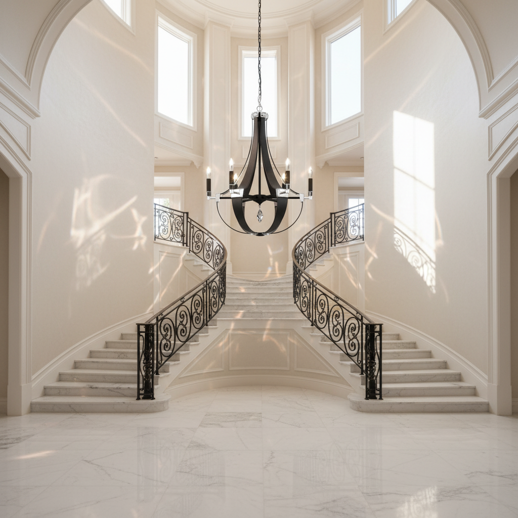 Riviko Appalachian Teardrop 6-Light Chandelier - dramatic American stairwell with soaring ceiling