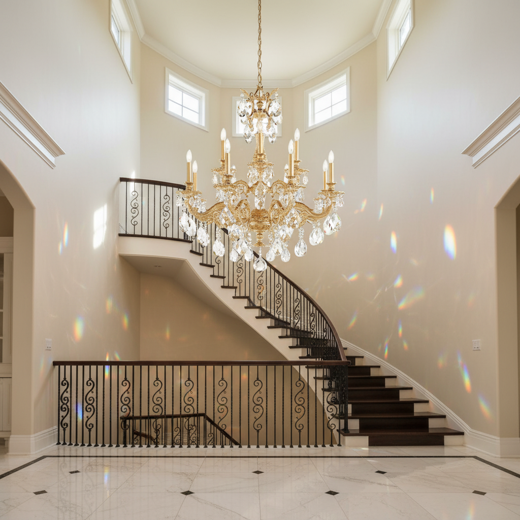 Riviko Regal Radiance 12-Light Chandelier - dramatic American stairwell with soaring ceiling