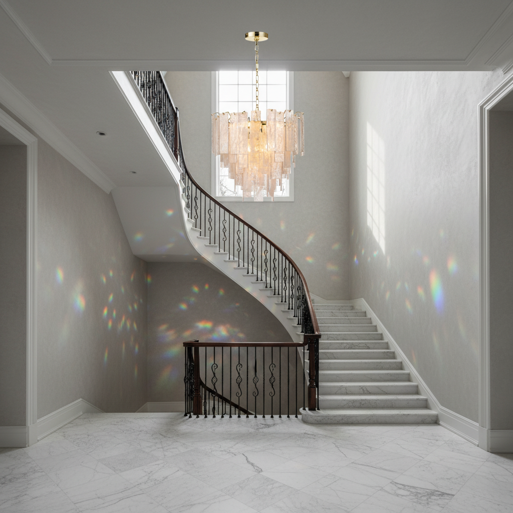 Riviko Veridian Brass Clear Glass Chandelier - dramatic American stairwell with soaring ceiling