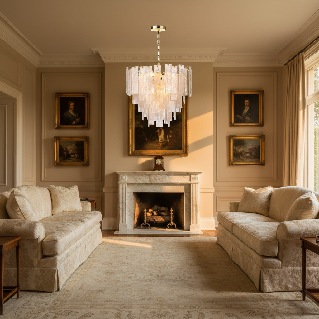 Riviko Veridian Brass Clear Glass Chandelier - American formal living room with 12-foot ceilings