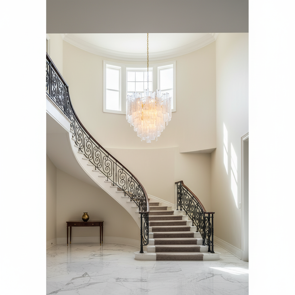 Riviko Tidelle Brass Clear Glass Chandelier Small - dramatic American stairwell with soaring ceiling