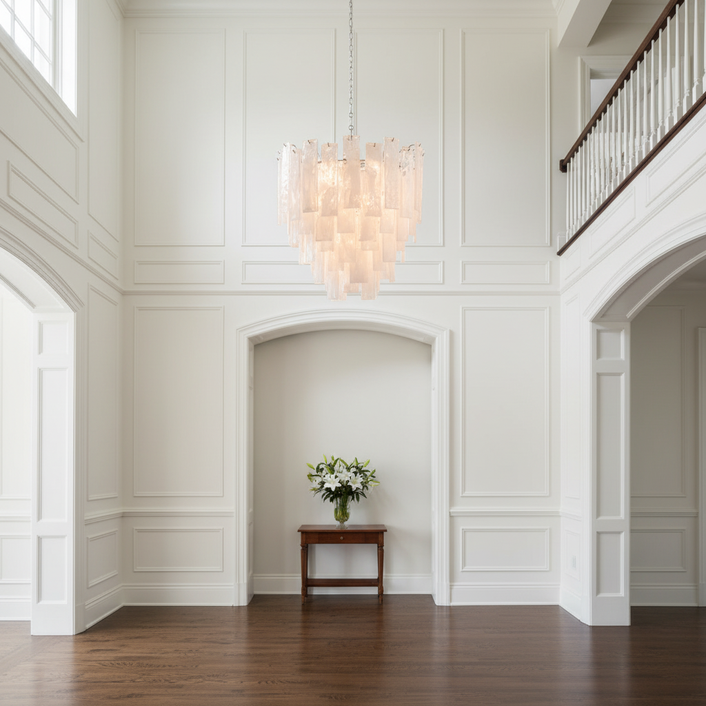 Riviko Aqueous Radiance Nickel 8-Light Chandelier - elegant American entryway with arched doorway