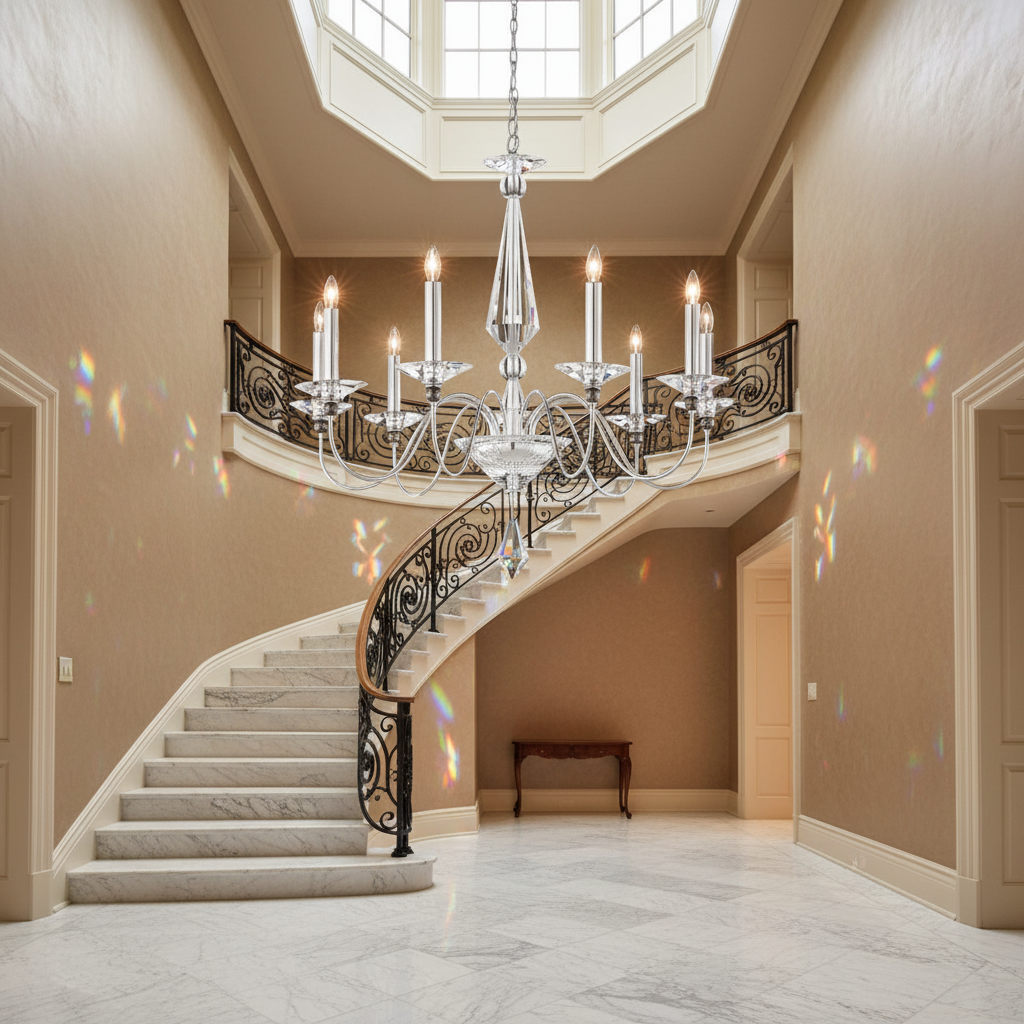 Riviko Stalactite Bloom Crystal Chandelier - dramatic American stairwell with soaring ceiling