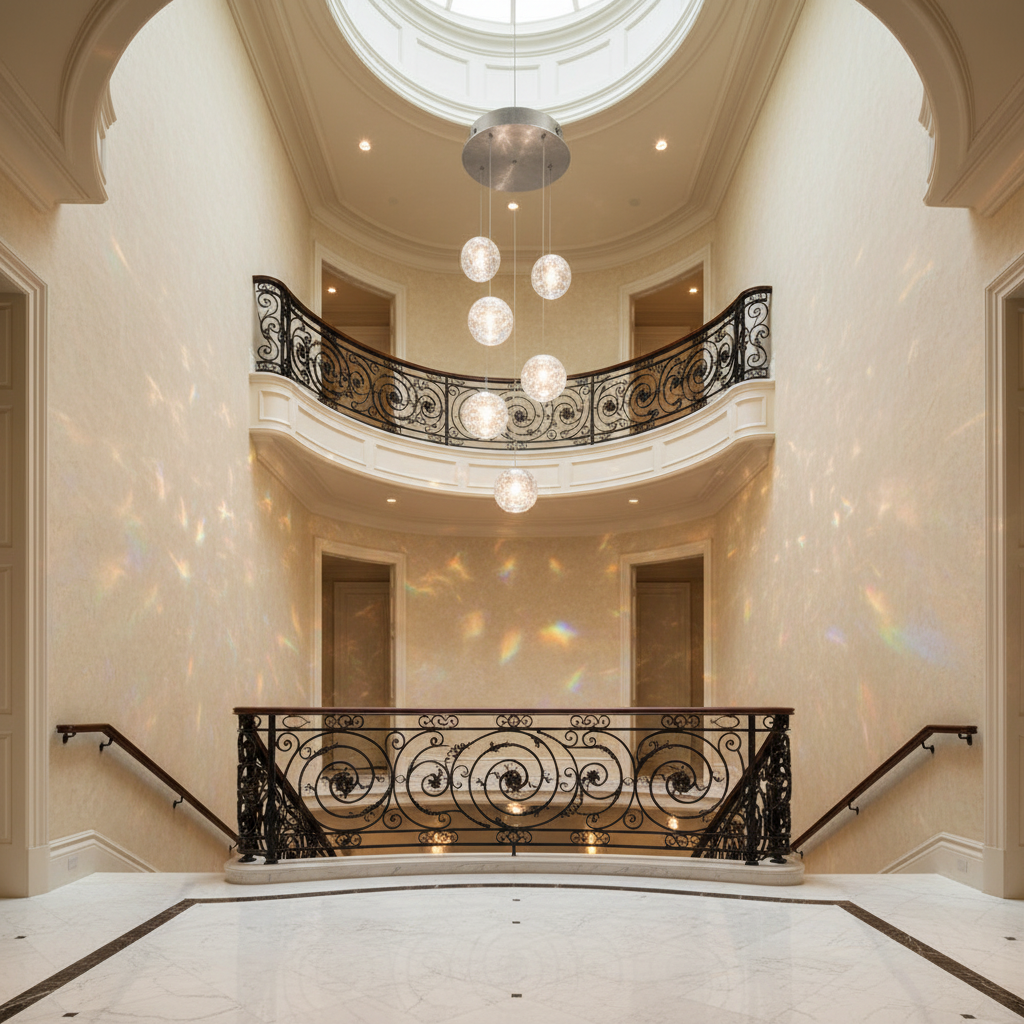Riviko Celestial Aura Round Crystal Chandelier - dramatic American stairwell with soaring ceiling