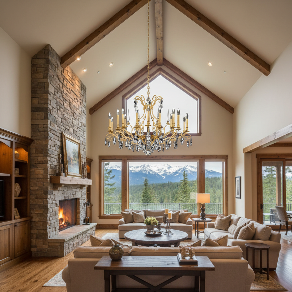 Riviko Grandeur Bloom Chandelier 40" - American transitional great room with cathedral ceiling