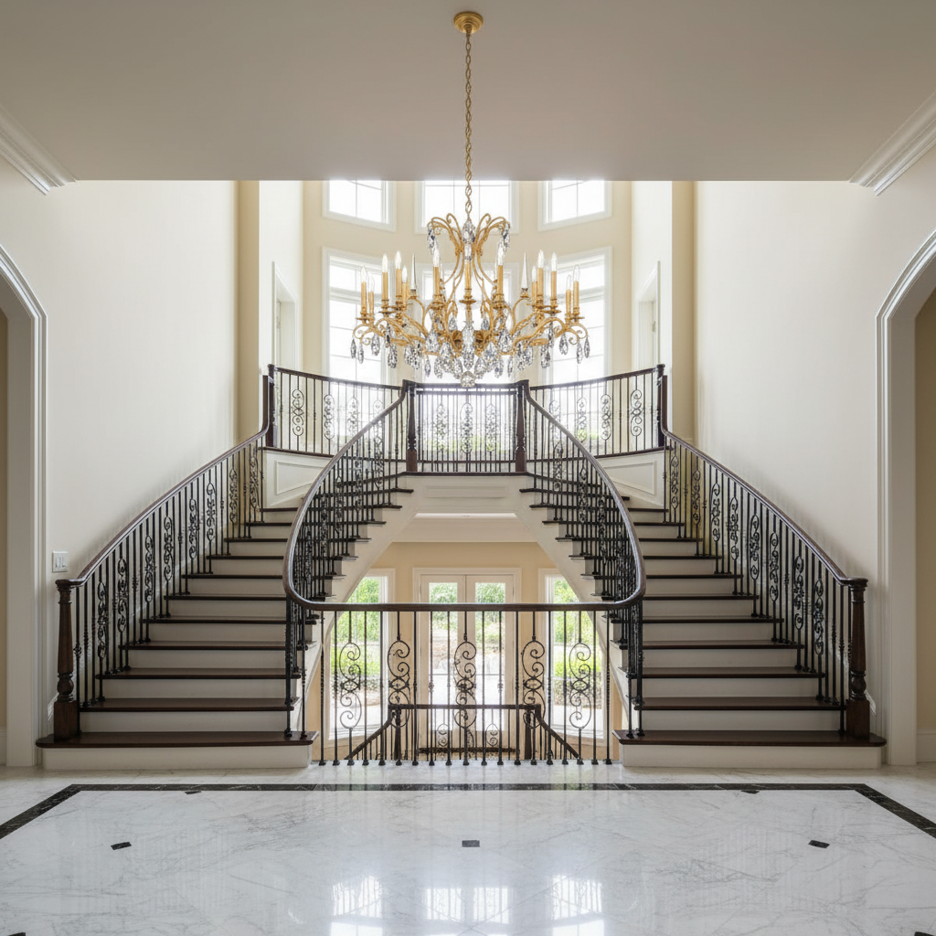 Riviko Grandeur Bloom Chandelier 40" - dramatic American stairwell with soaring ceiling