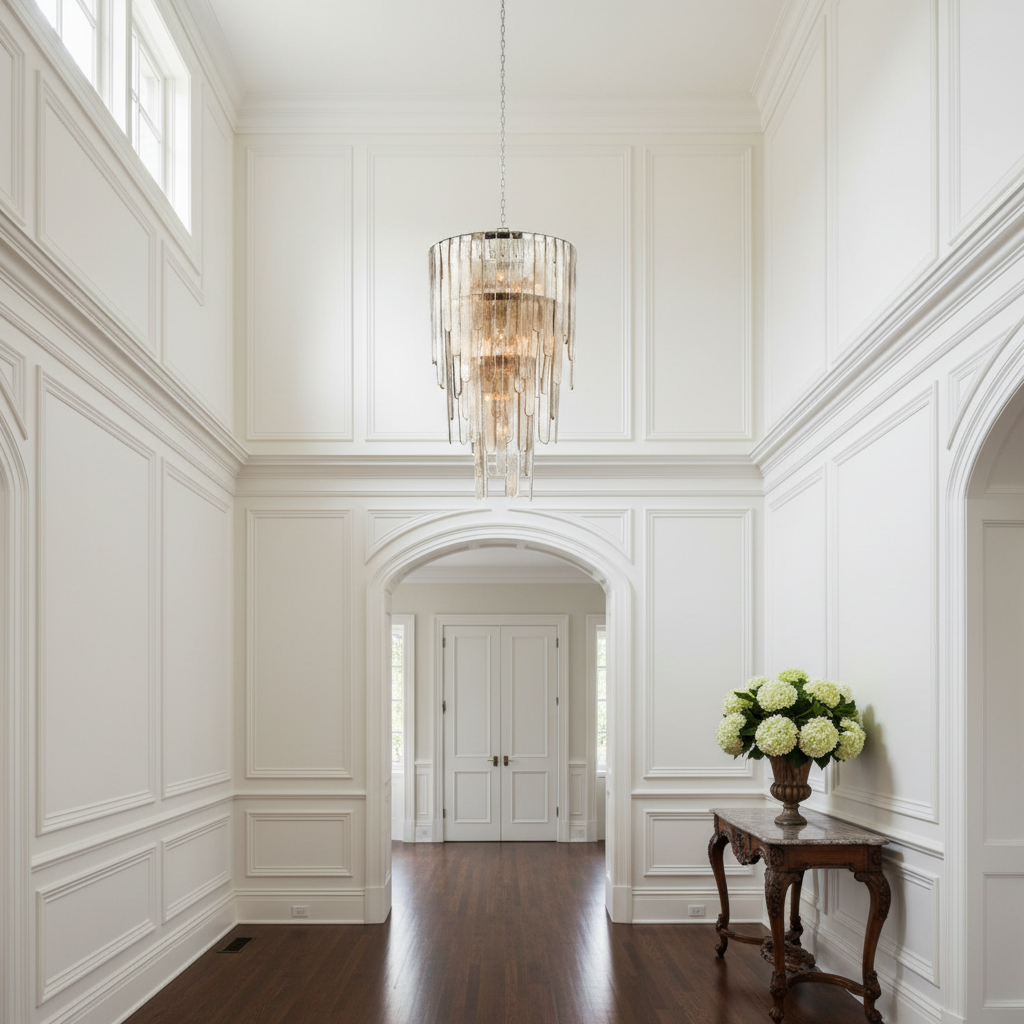 Riviko Veridian Cascade 16-Light Chandelier - elegant American entryway with arched doorway
