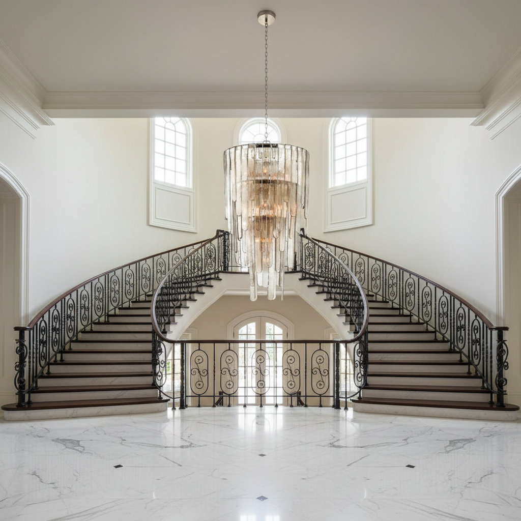 Riviko Veridian Cascade 16-Light Chandelier - dramatic American stairwell with soaring ceiling
