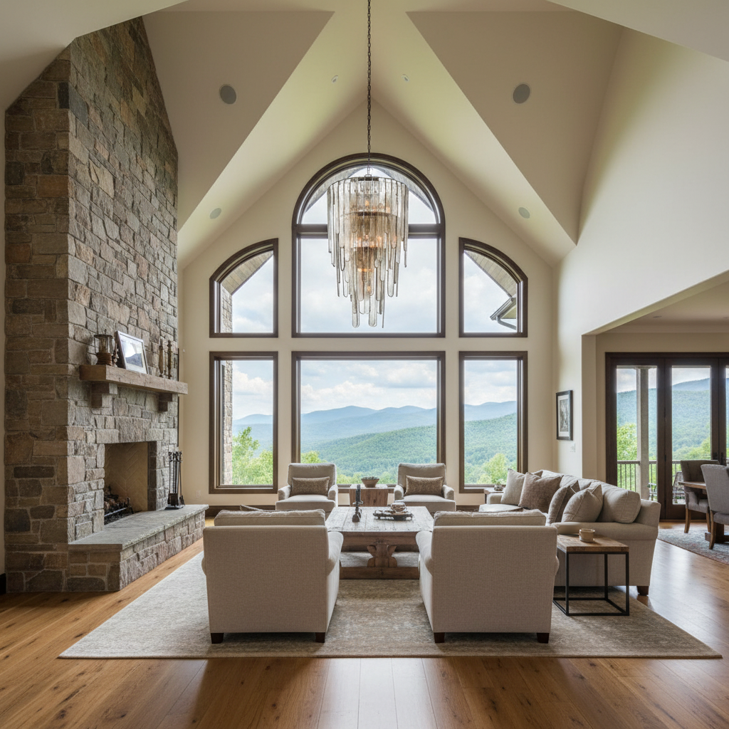 Riviko Veridian Cascade 16-Light Chandelier - American transitional great room with cathedral ceiling