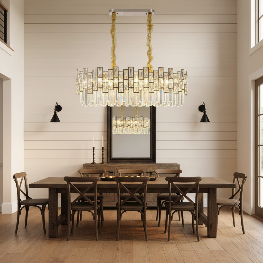 Riviko Radiant Horizon Linear Chandelier - modern American farmhouse dining room