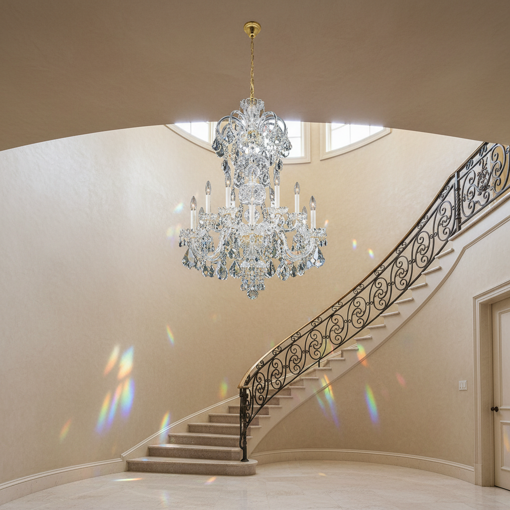 Riviko Heirloom Bloom Crystal Chandelier - dramatic American stairwell with soaring ceiling