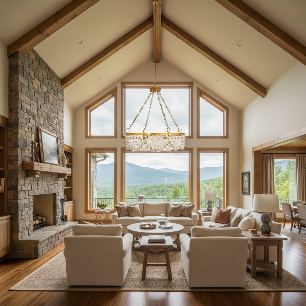 Riviko Radiant Cascade Round Chandelier - American transitional great room with cathedral ceiling