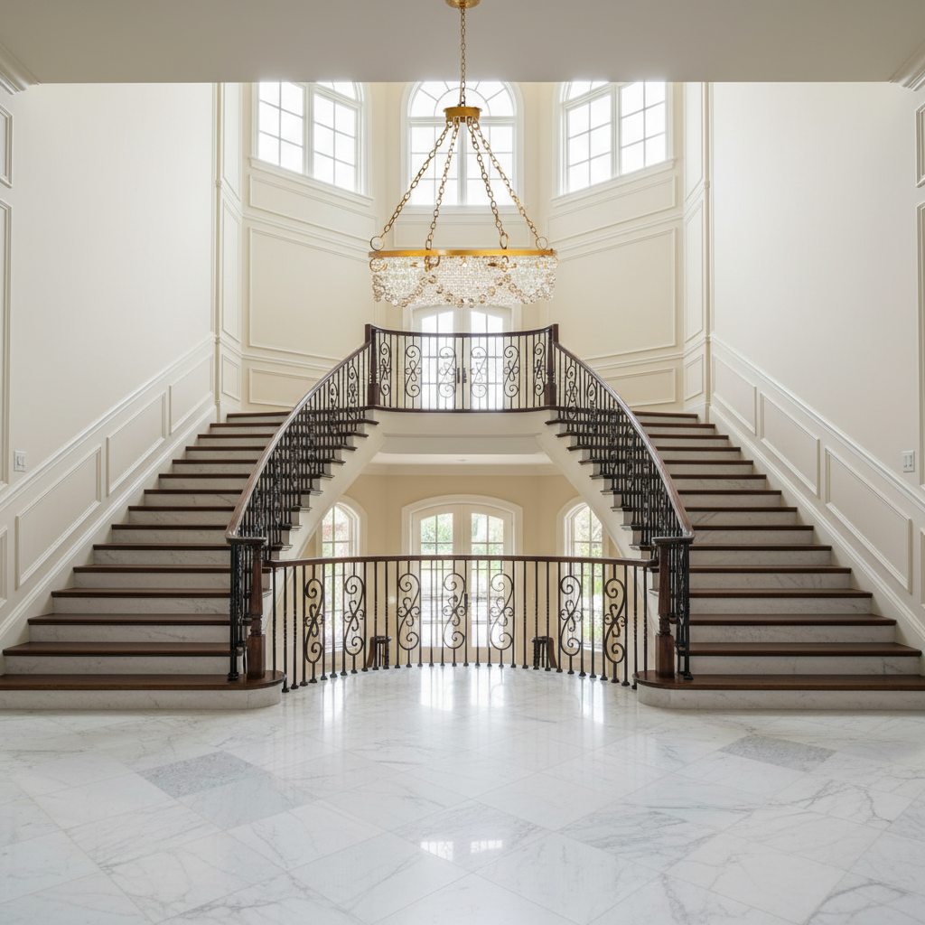 Riviko Radiant Cascade Round Chandelier - dramatic American stairwell with soaring ceiling