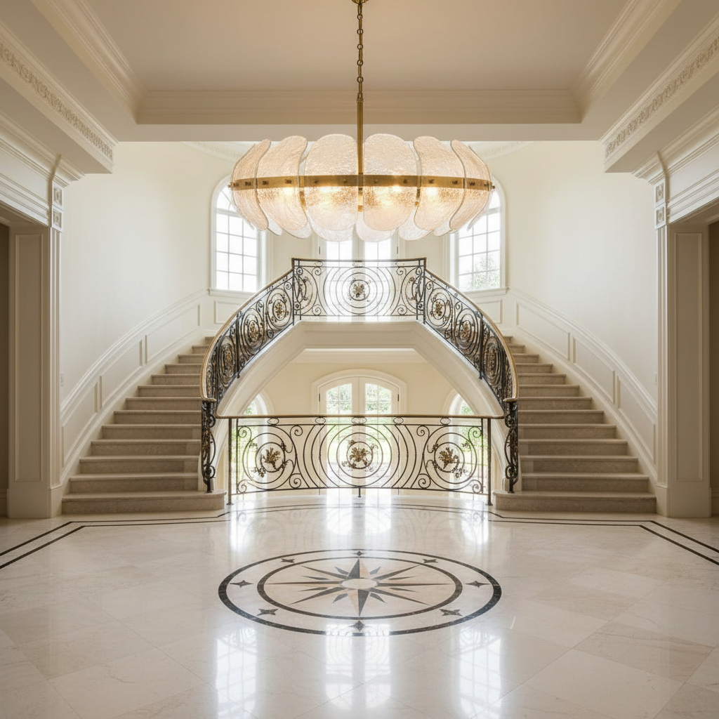 Riviko Veridian Bloom Heritage Brass Chandelier - grand American foyer with two-story ceiling