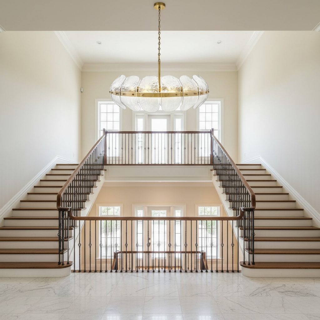 Riviko Veridian Bloom Heritage Brass Chandelier - dramatic American stairwell with soaring ceiling