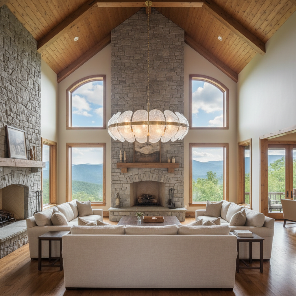 Riviko Veridian Bloom Heritage Brass Chandelier - American transitional great room with cathedral ceiling
