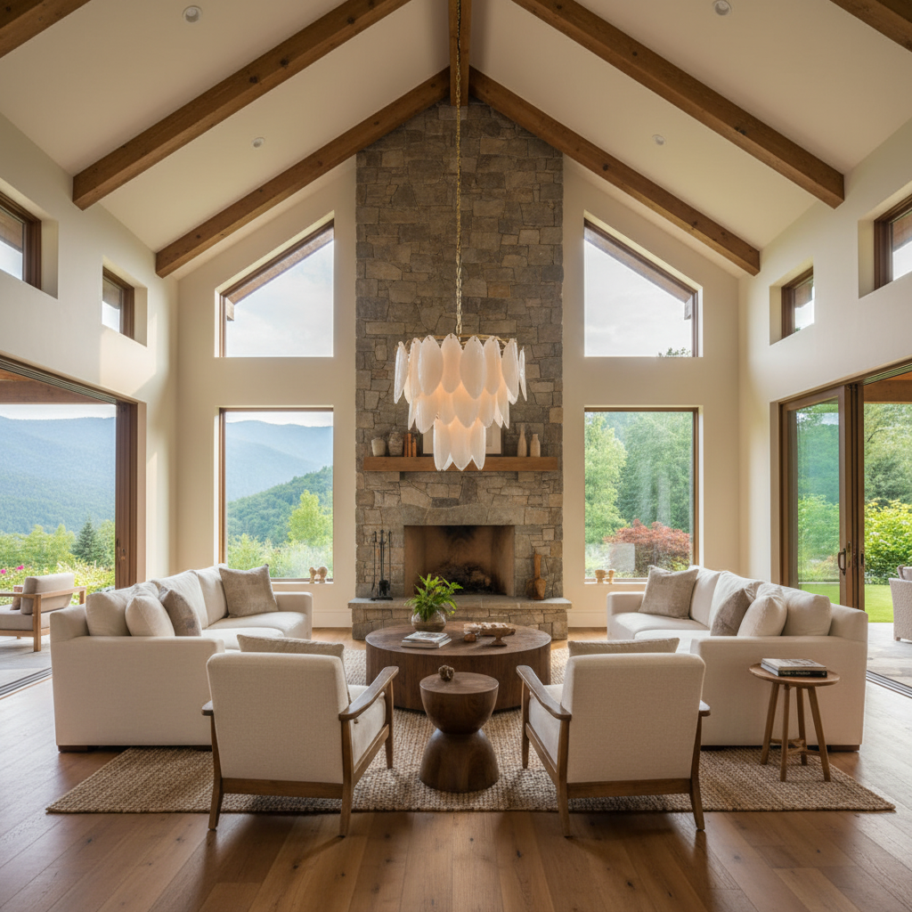 Riviko Aura Bloom 4-Light Chandelier - American transitional great room with cathedral ceiling