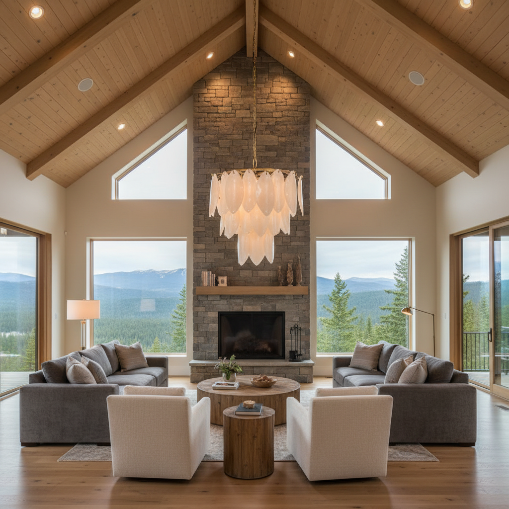 Riviko Aura Bloom 4-Light Chandelier - American transitional great room with cathedral ceiling