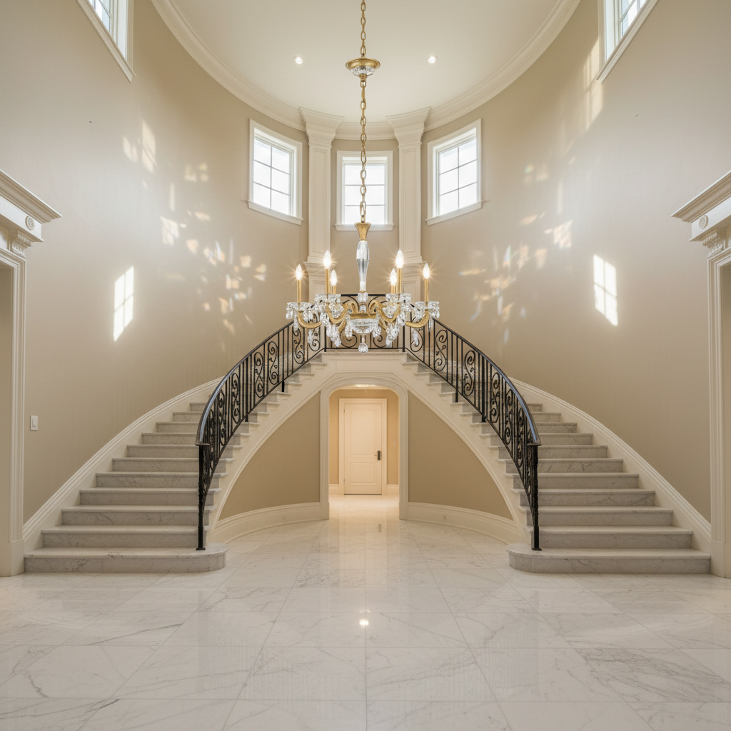 Riviko Radiance Bloom 6-Light Chandelier - dramatic American stairwell with soaring ceiling