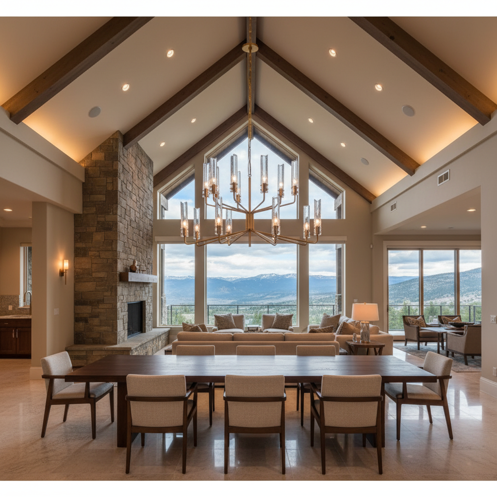 Riviko Stellar Radiance Two-Tier Chandelier - luxury American great room with cathedral ceiling