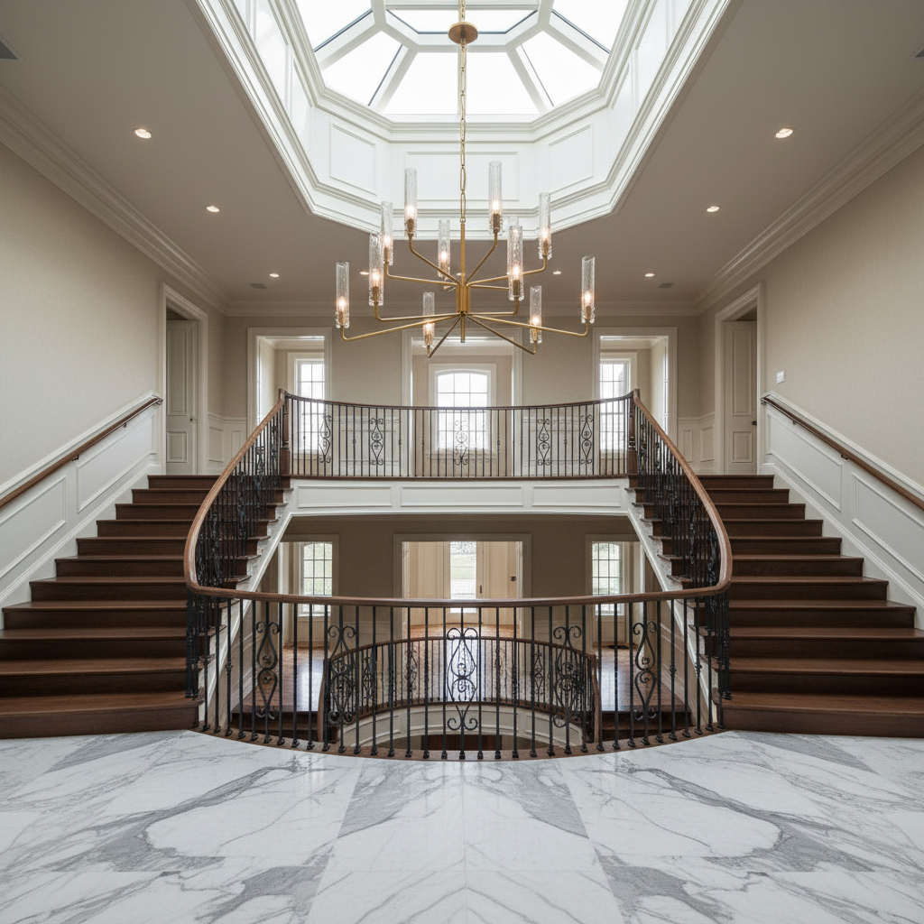 Riviko Stellar Radiance Two-Tier Chandelier - dramatic American stairwell with three-story void