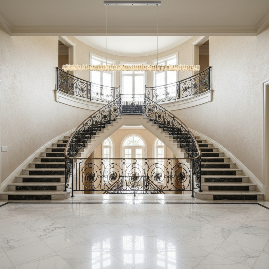 Riviko Radiant Linear Natural Crystal Chandelier - dramatic American stairwell with soaring ceiling