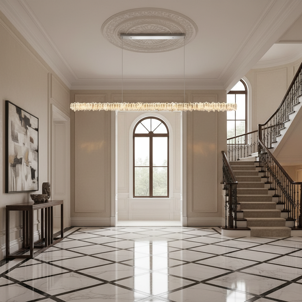 Riviko Radiant Linear Natural Crystal Chandelier - grand American estate foyer